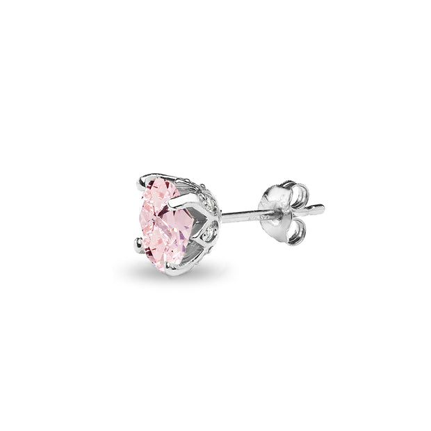 Sterling Silver Created Morganite and White Topaz Oval Crown Stud Earrings