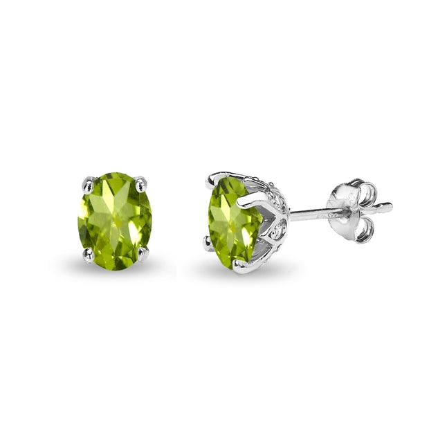 Sterling Silver Peridot and White Topaz Oval Crown Stud Earrings