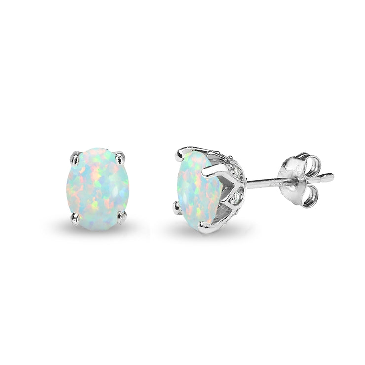 Sterling Silver Created Opal and White Topaz Oval Crown Stud Earrings