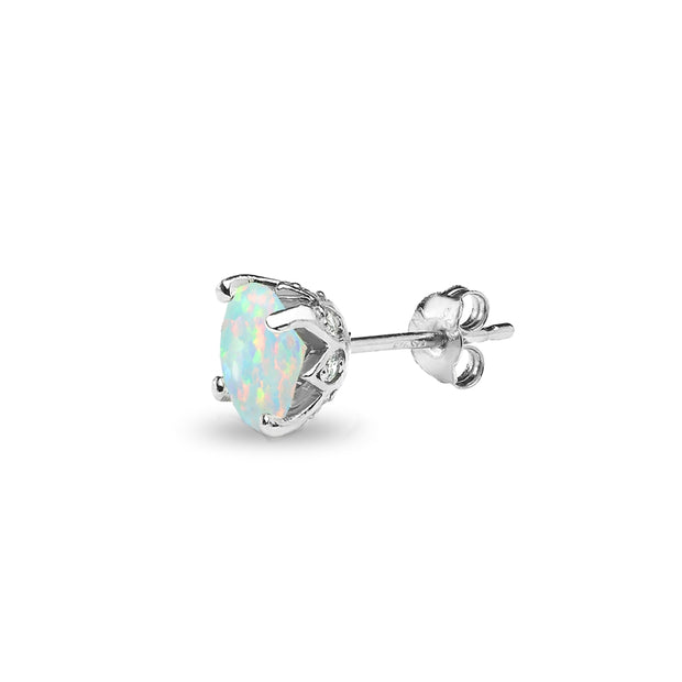 Sterling Silver Created Opal and White Topaz Oval Crown Stud Earrings