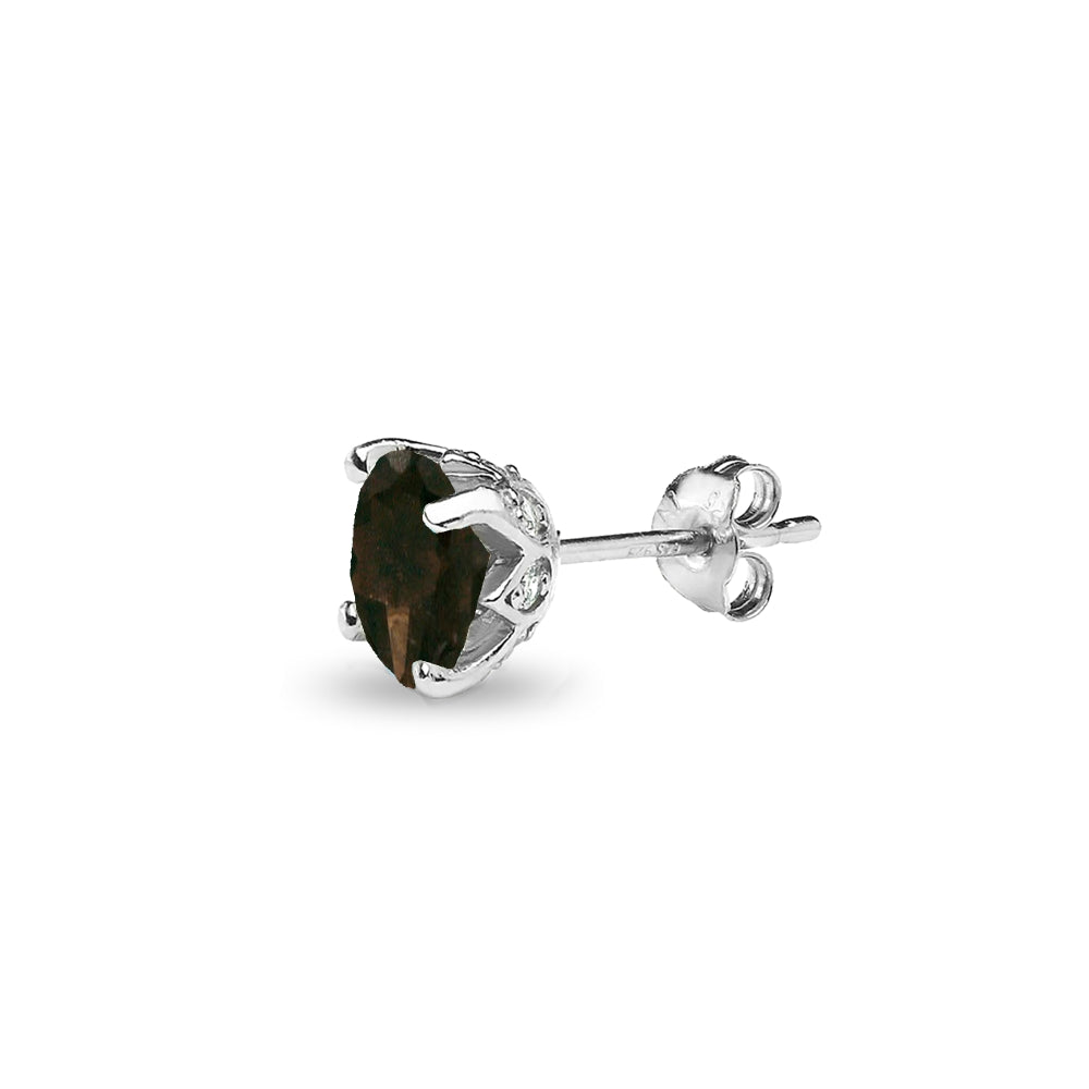 Sterling Silver Smoky Quartz and White Topaz Oval Crown Stud Earrings-2
