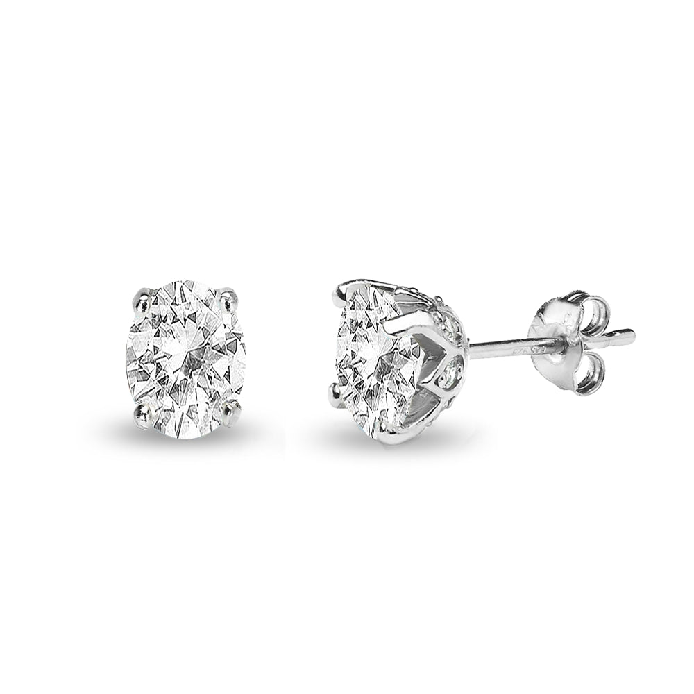Sterling Silver White Topaz Oval Crown Stud Earrings