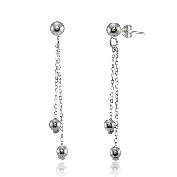 Sterling Silver Polished Double Bead Dangling Chain Drop Earrings