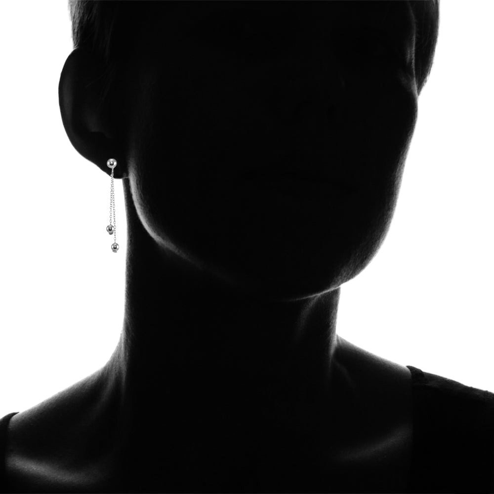 Sterling Silver Polished Double Bead Dangling Chain Drop Earrings-2