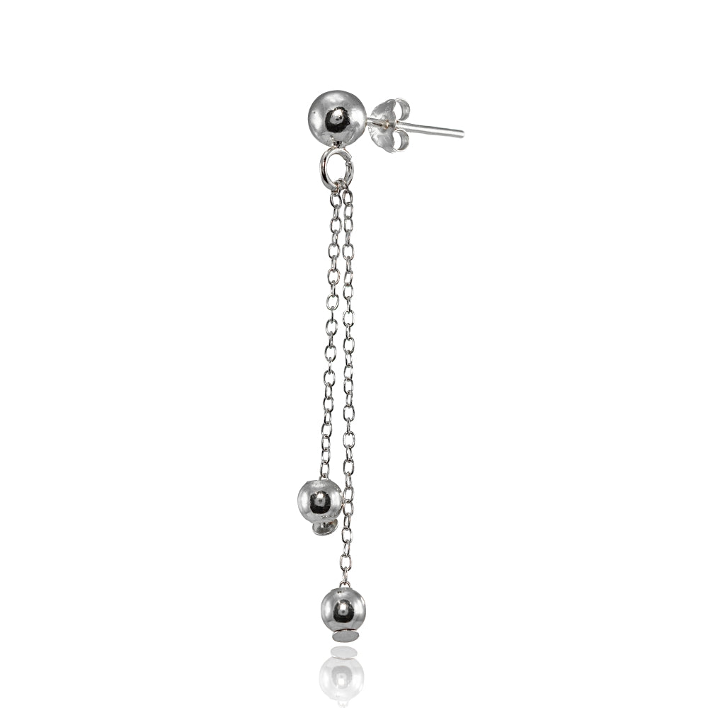 Sterling Silver Polished Double Bead Dangling Chain Drop Earrings-3