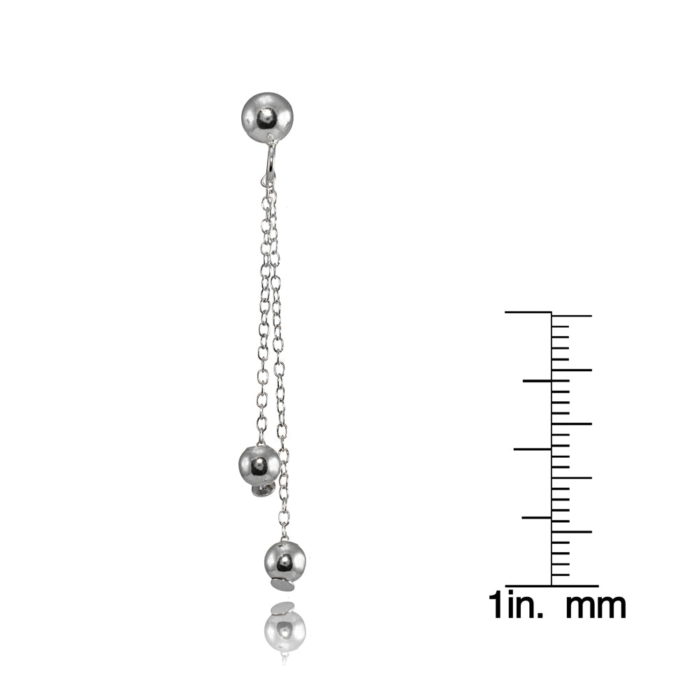 Sterling Silver Polished Double Bead Dangling Chain Drop Earrings-4