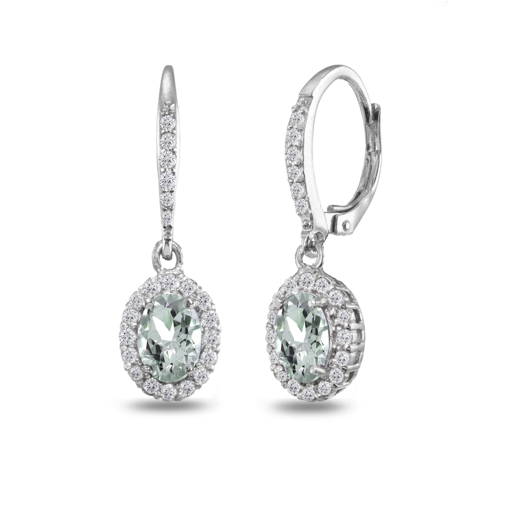 Sterling Silver Aquamarine Oval Dangle Halo Leverback Earrings with White Topaz Accents