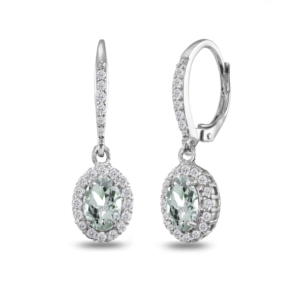 Sterling Silver Aquamarine Oval Dangle Halo Leverback Earrings with White Topaz Accents