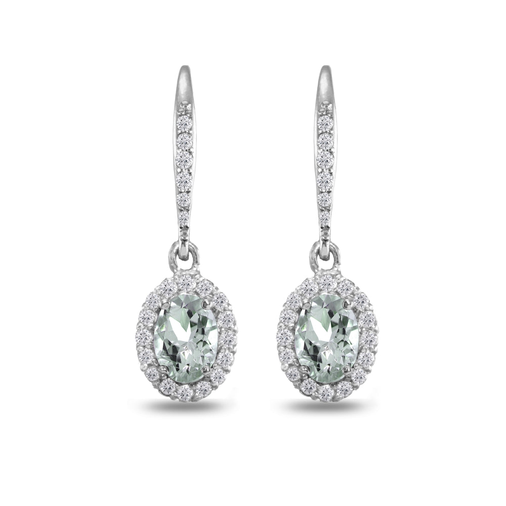 Sterling Silver Aquamarine Oval Dangle Halo Leverback Earrings with White Topaz Accents-2