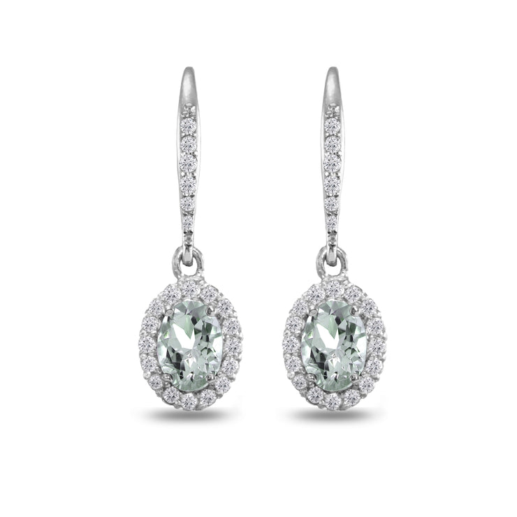 Sterling Silver Aquamarine Oval Dangle Halo Leverback Earrings with White Topaz Accents