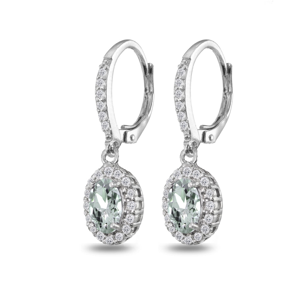 Sterling Silver Aquamarine Oval Dangle Halo Leverback Earrings with White Topaz Accents-3