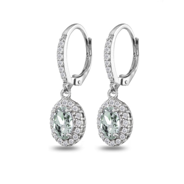 Sterling Silver Aquamarine Oval Dangle Halo Leverback Earrings with White Topaz Accents
