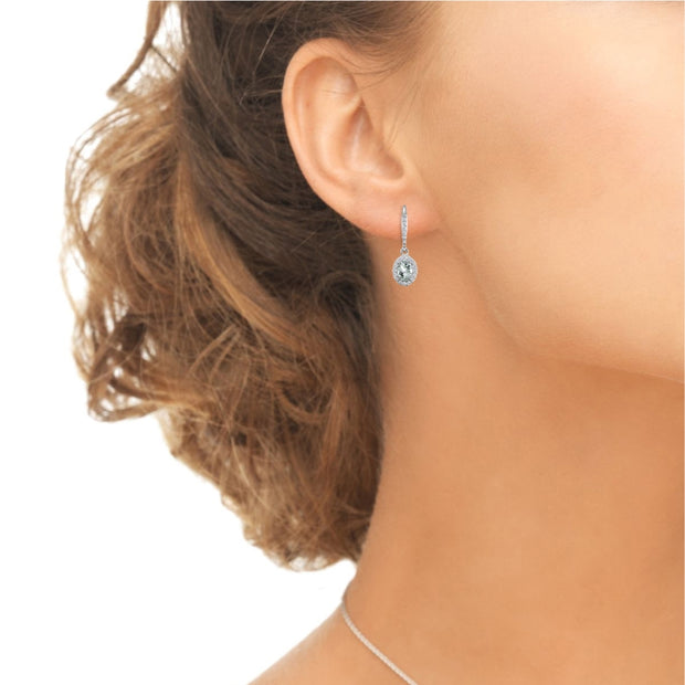 Sterling Silver Aquamarine Oval Dangle Halo Leverback Earrings with White Topaz Accents