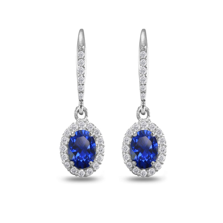 Sterling Silver Created Blue Sapphire Oval Dangle Halo Leverback Earrings with White Topaz Accents