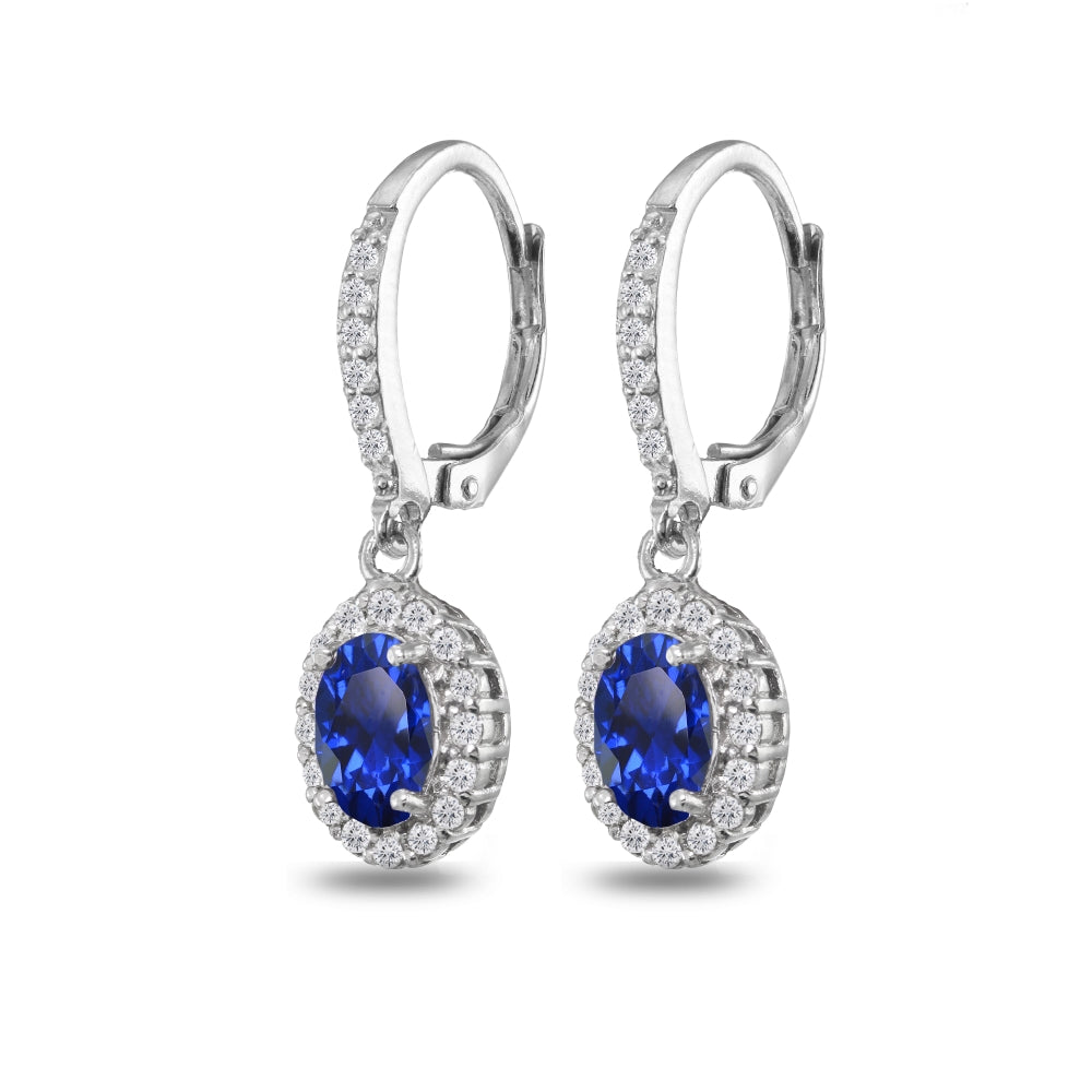 Sterling Silver Created Blue Sapphire Oval Dangle Halo Leverback Earrings with White Topaz Accents-4