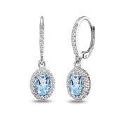 Sterling Silver Blue Topaz Oval Dangle Halo Leverback Earrings with White Topaz Accents