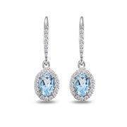 Sterling Silver Blue Topaz Oval Dangle Halo Leverback Earrings with White Topaz Accents