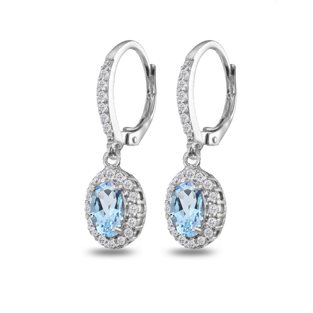 Sterling Silver Blue Topaz Oval Dangle Halo Leverback Earrings with White Topaz Accents-4