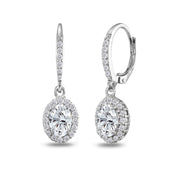 Sterling Silver Created White Sapphire Oval Dangle Halo Leverback Earrings with White Topaz Accents