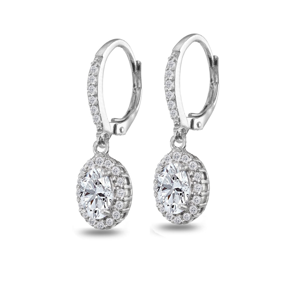 Sterling Silver Created White Sapphire Oval Dangle Halo Leverback Earrings with White Topaz Accents-2