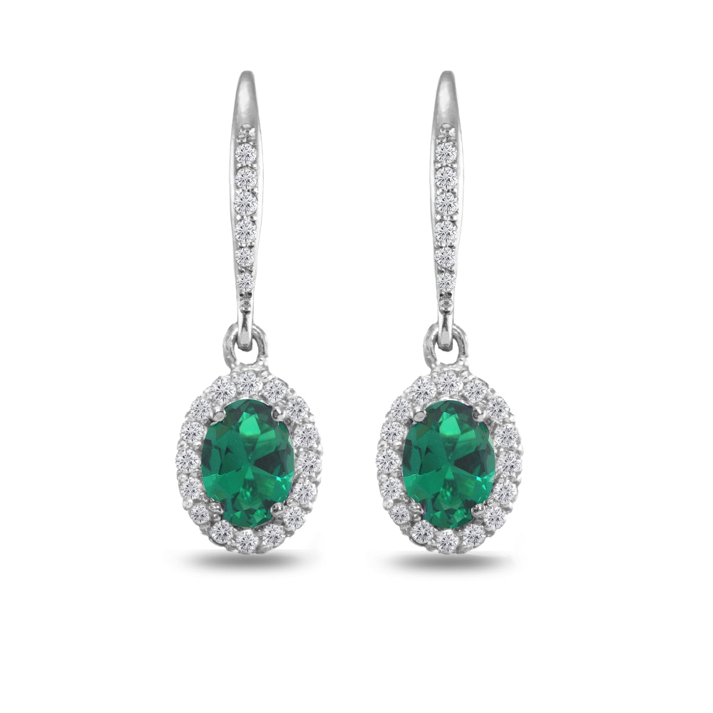 Sterling Silver Created Emerald Oval Dangle Halo Leverback Earrings with White Topaz Accents-3