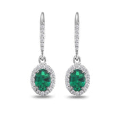 Sterling Silver Created Emerald Oval Dangle Halo Leverback Earrings with White Topaz Accents