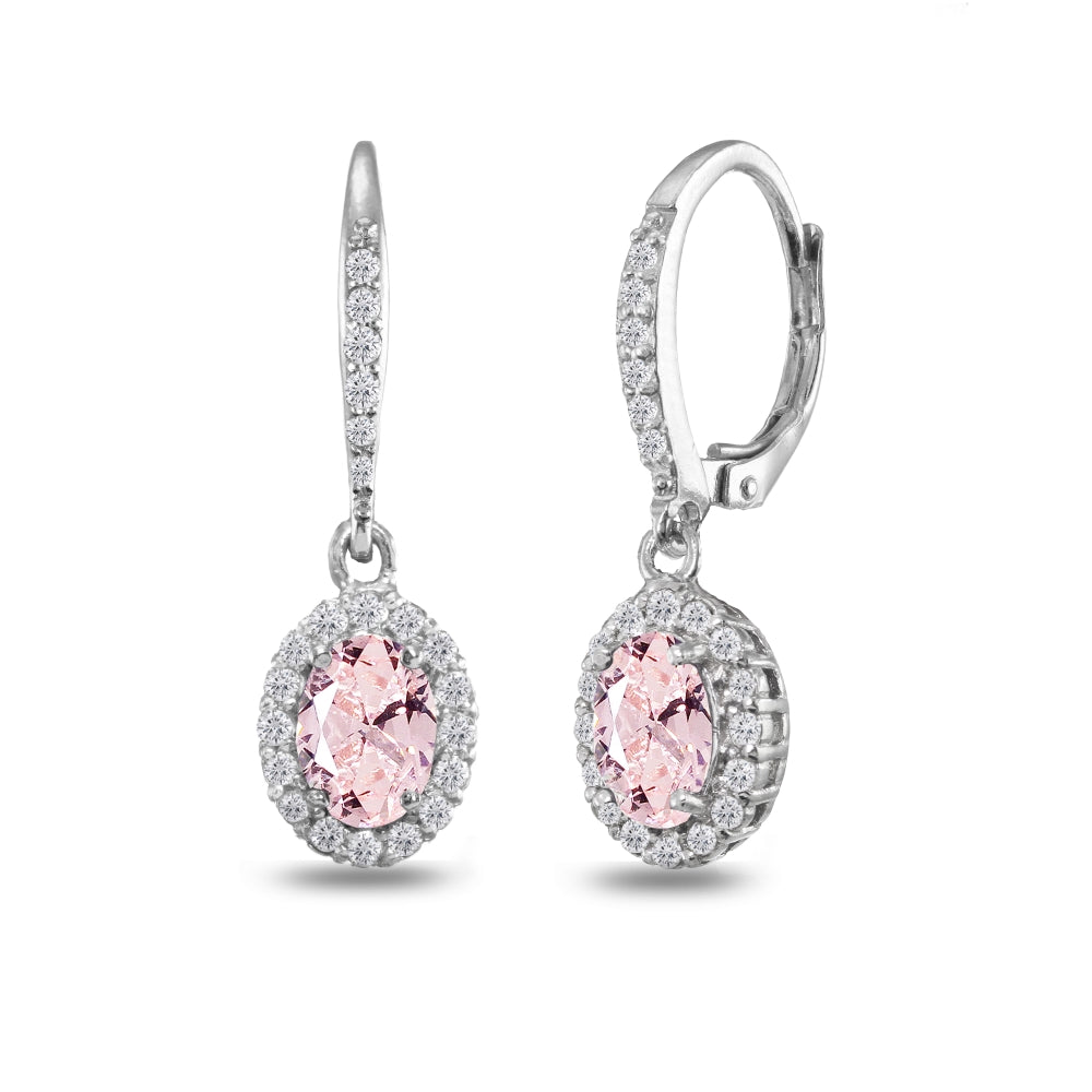 Sterling Silver Created Morganite Oval Dangle Halo Leverback Earrings with White Topaz Accents