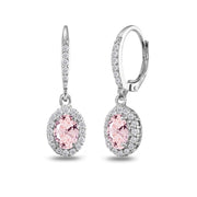 Sterling Silver Created Morganite Oval Dangle Halo Leverback Earrings with White Topaz Accents