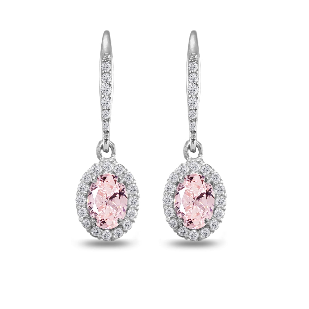 Sterling Silver Created Morganite Oval Dangle Halo Leverback Earrings with White Topaz Accents-2