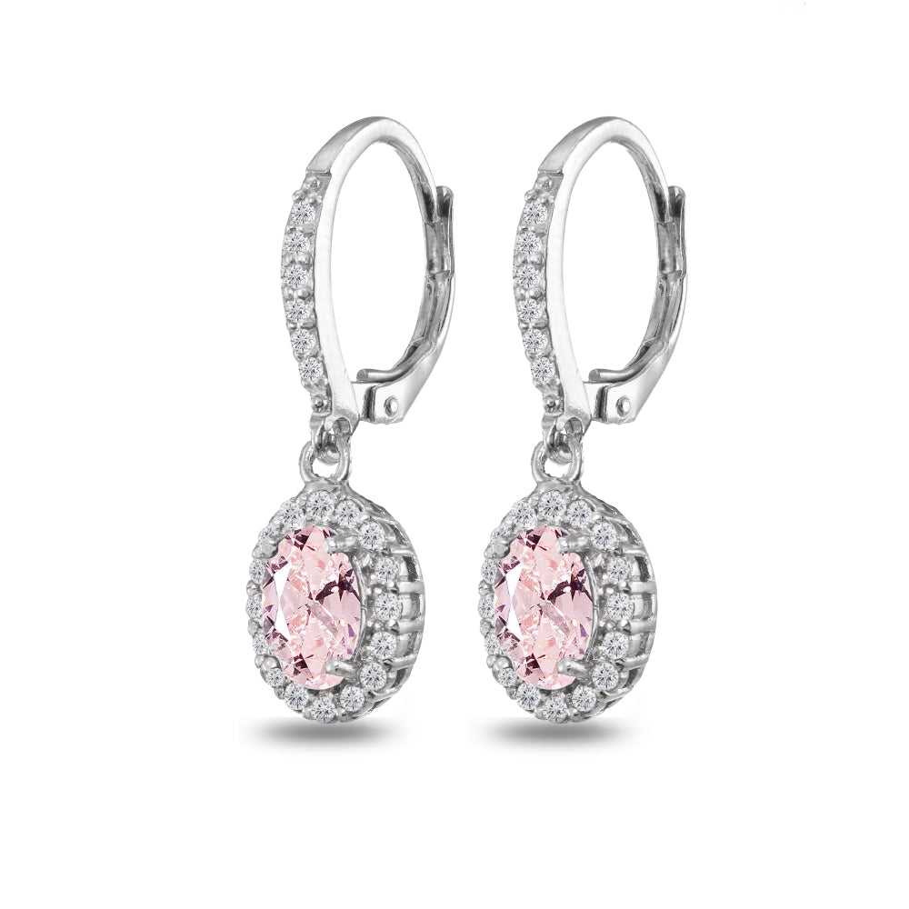 Sterling Silver Created Morganite Oval Dangle Halo Leverback Earrings with White Topaz Accents-3
