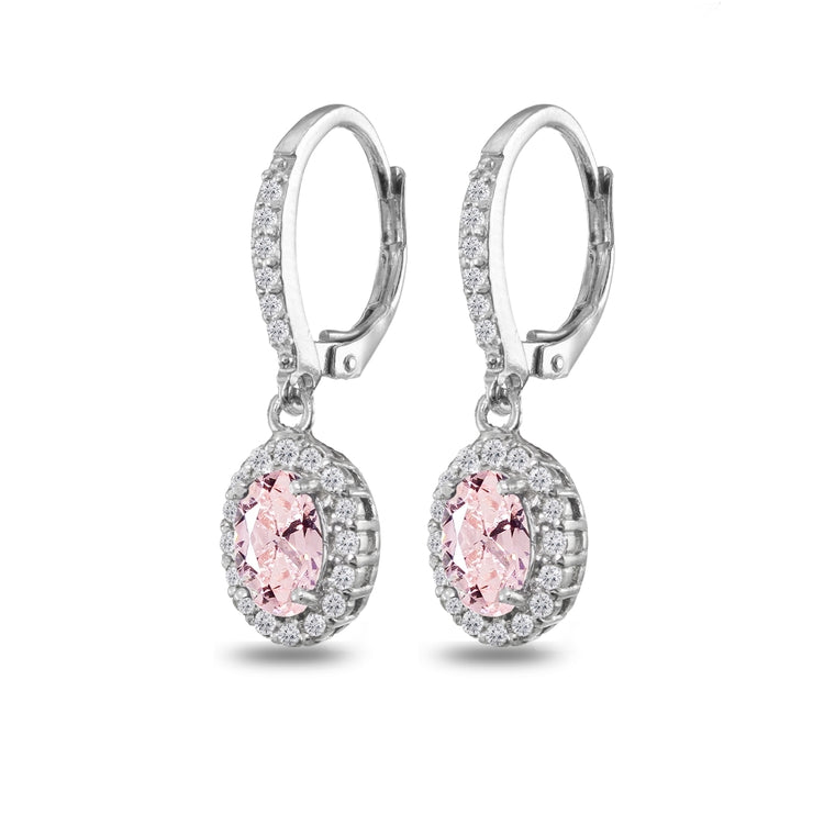 Sterling Silver Created Morganite Oval Dangle Halo Leverback Earrings with White Topaz Accents