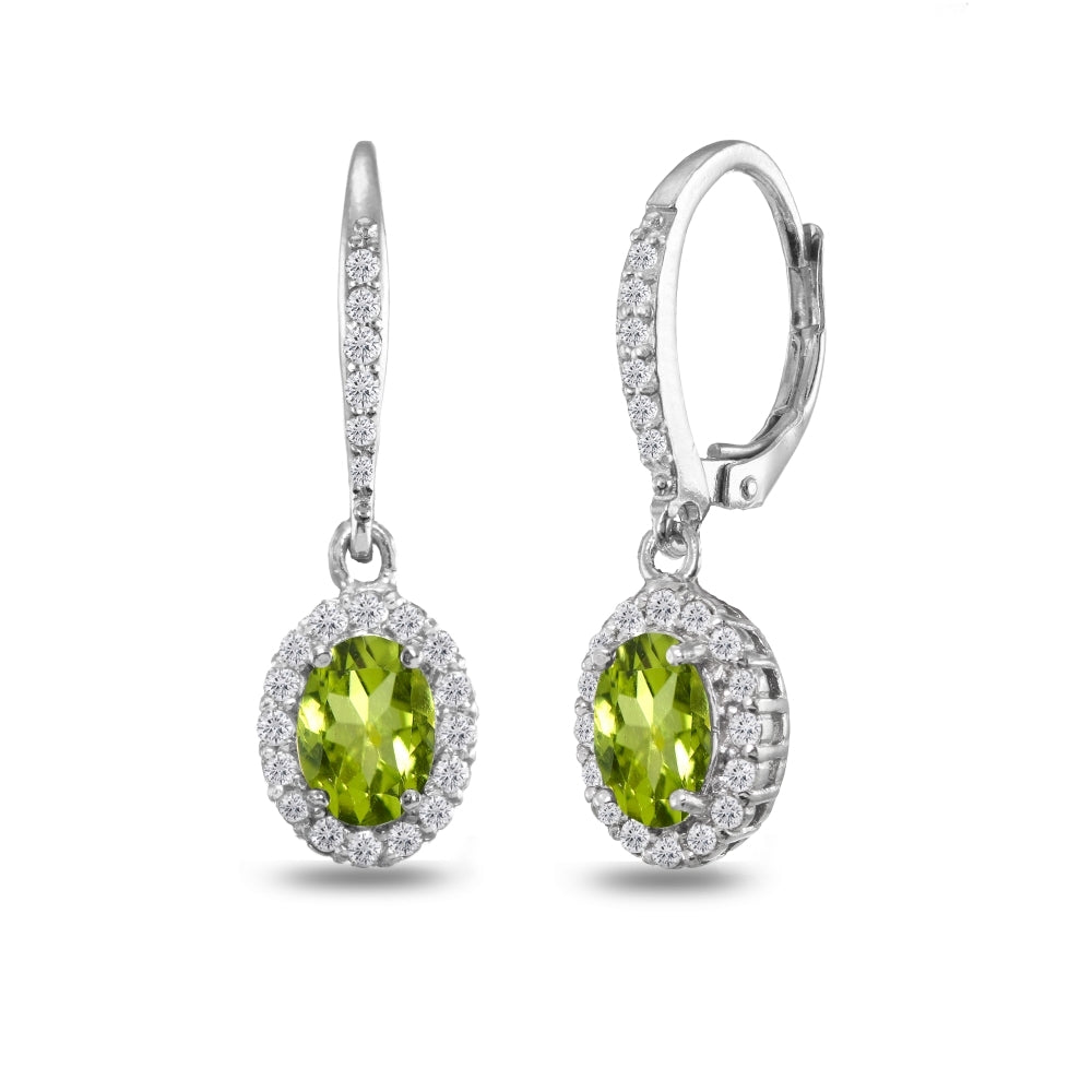 Sterling Silver Peridot Oval Dangle Halo Leverback Earrings with White Topaz Accents