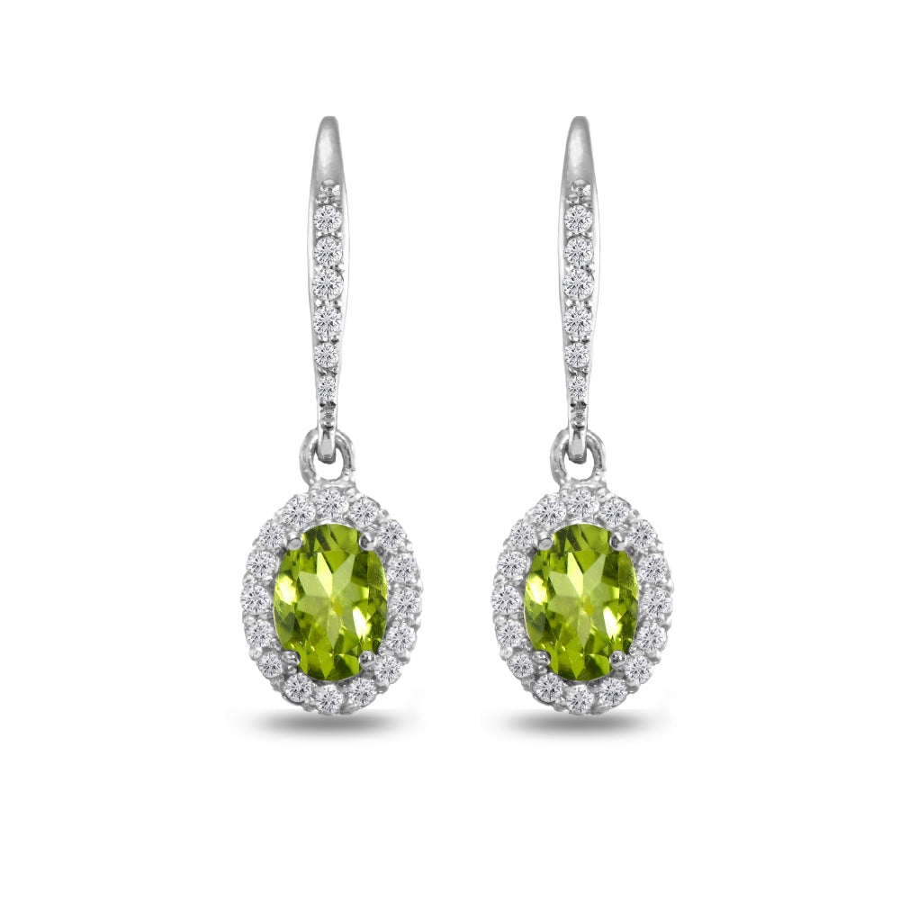 Sterling Silver Peridot Oval Dangle Halo Leverback Earrings with White Topaz Accents-3