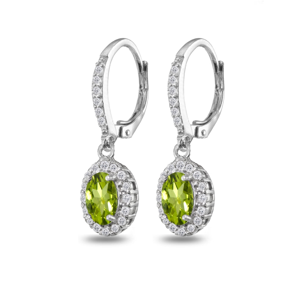 Sterling Silver Peridot Oval Dangle Halo Leverback Earrings with White Topaz Accents-4