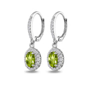 Sterling Silver Peridot Oval Dangle Halo Leverback Earrings with White Topaz Accents