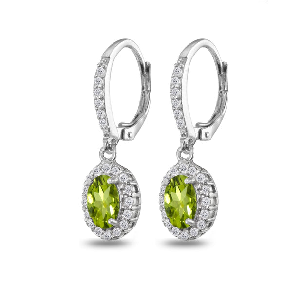 Sterling Silver Peridot Oval Dangle Halo Leverback Earrings with White Topaz Accents