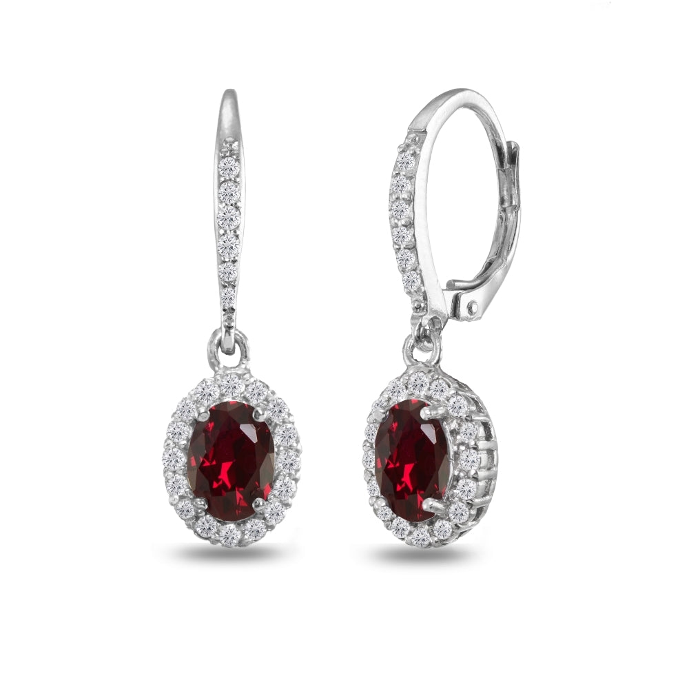 Sterling Silver Created Ruby Oval Dangle Halo Leverback Earrings with White Topaz Accents