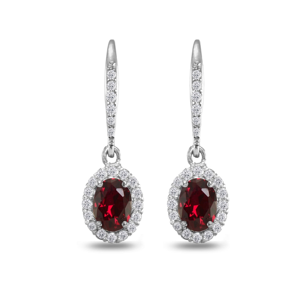 Sterling Silver Created Ruby Oval Dangle Halo Leverback Earrings with White Topaz Accents-3