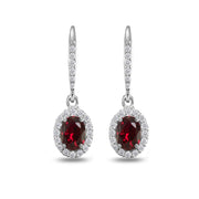 Sterling Silver Created Ruby Oval Dangle Halo Leverback Earrings with White Topaz Accents