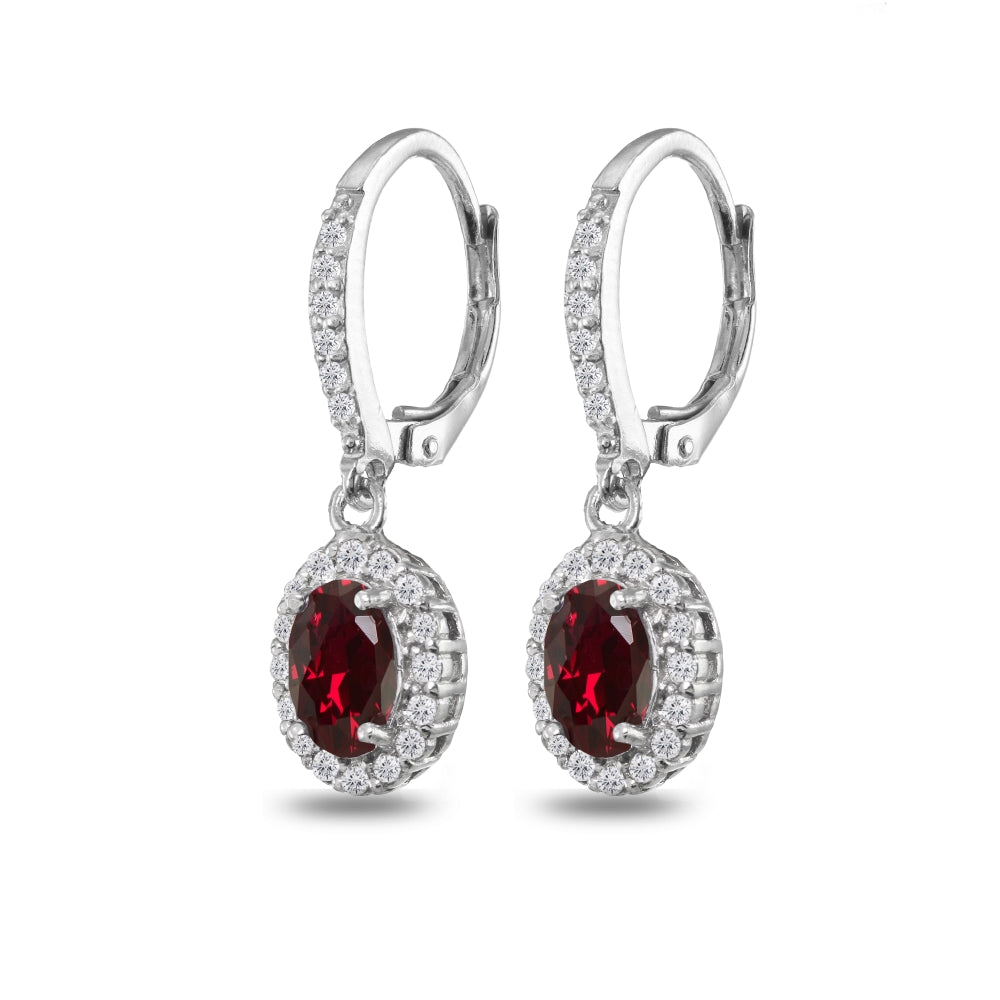 Sterling Silver Created Ruby Oval Dangle Halo Leverback Earrings with White Topaz Accents-4