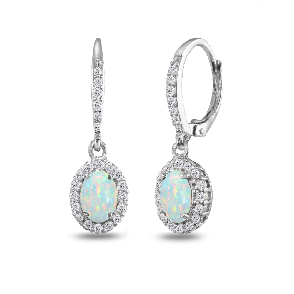 Sterling Silver Created Opal Oval Dangle Halo Leverback Earrings with White Topaz Accents