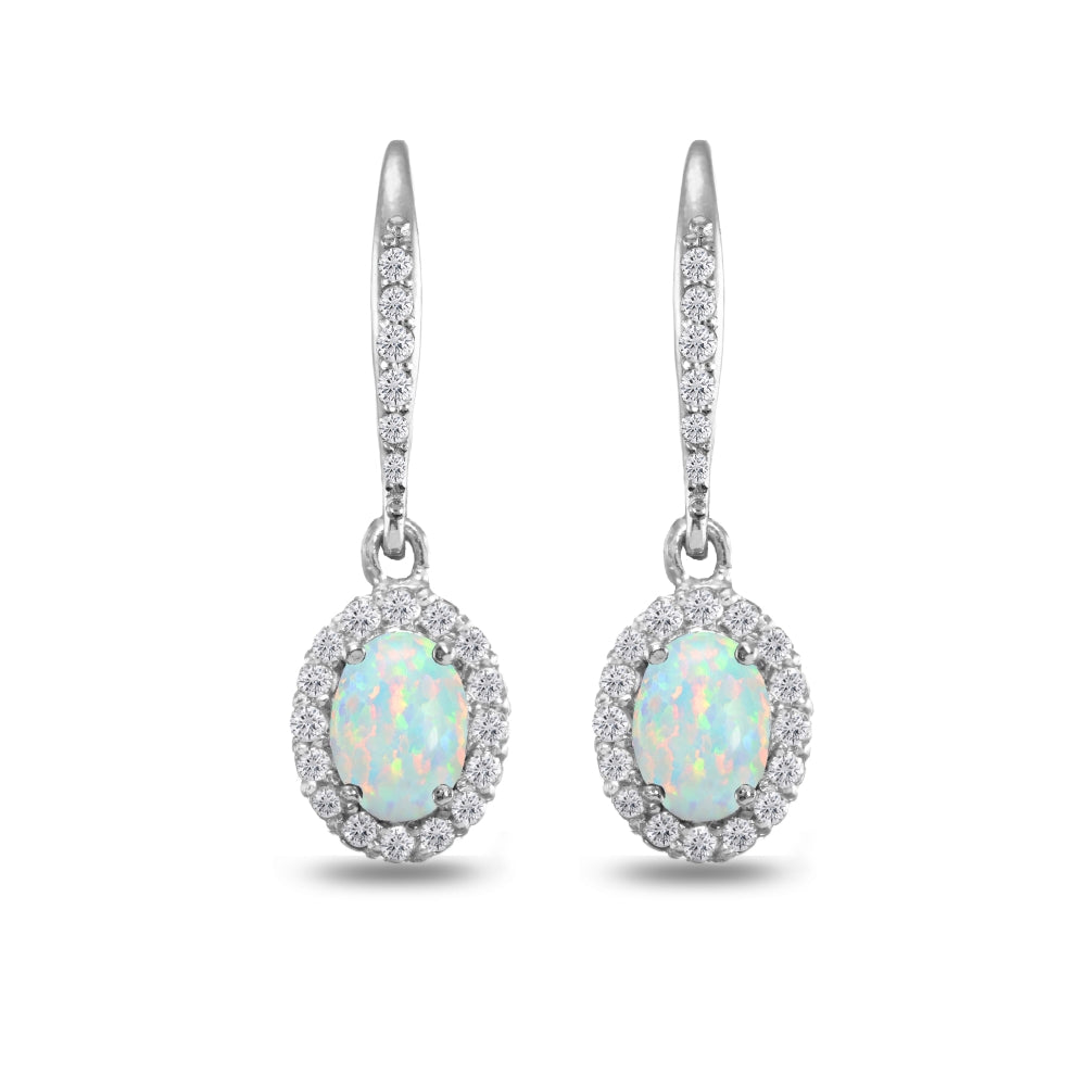 Sterling Silver Created Opal Oval Dangle Halo Leverback Earrings with White Topaz Accents-3