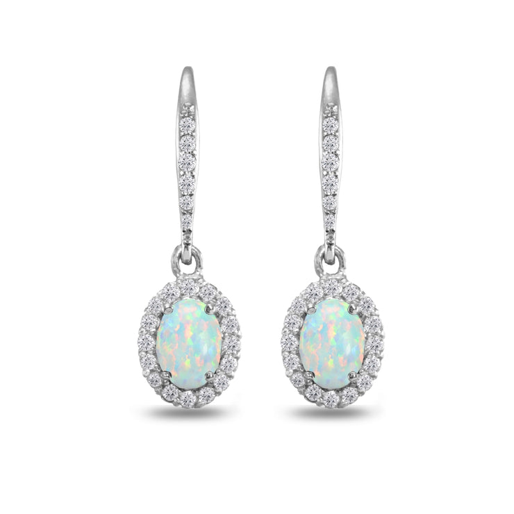 Sterling Silver Created Opal Oval Dangle Halo Leverback Earrings with White Topaz Accents
