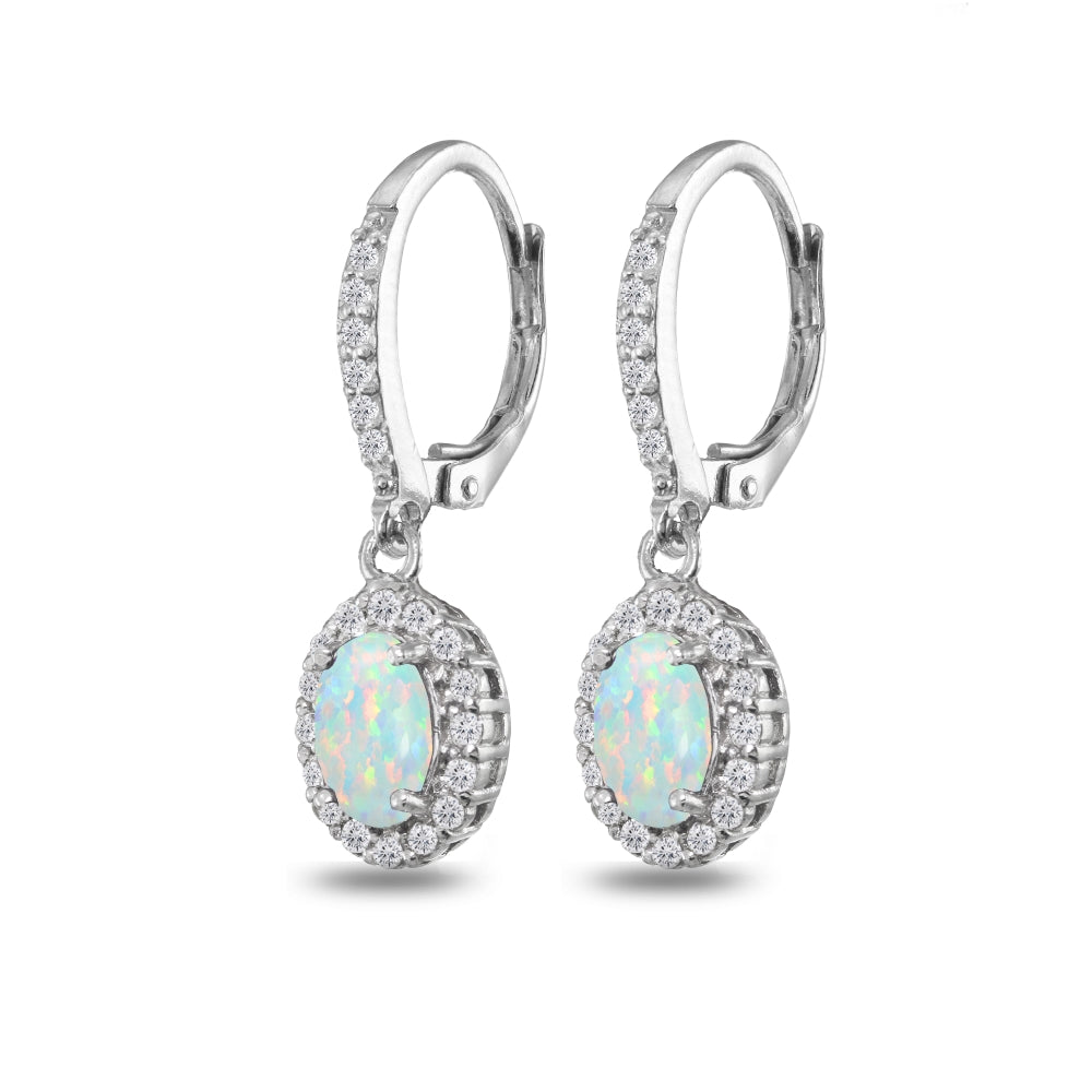 Sterling Silver Created Opal Oval Dangle Halo Leverback Earrings with White Topaz Accents-4