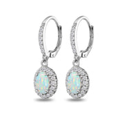 Sterling Silver Created Opal Oval Dangle Halo Leverback Earrings with White Topaz Accents