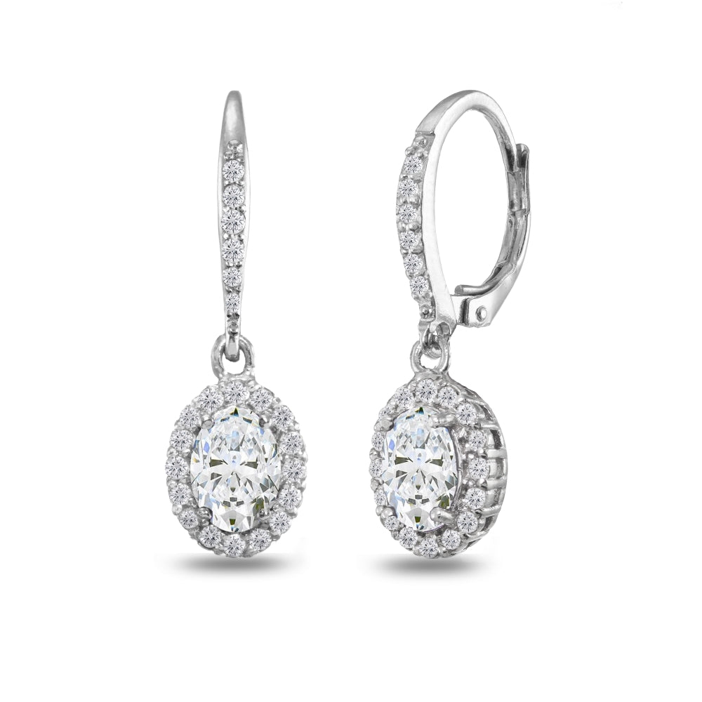 Sterling Silver Cubic Zirconia Oval Dangle Halo Leverback Earrings with White Topaz Accents