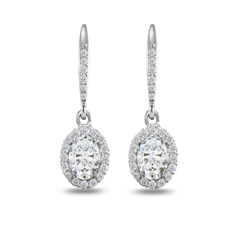Sterling Silver Cubic Zirconia Oval Dangle Halo Leverback Earrings with White Topaz Accents-3