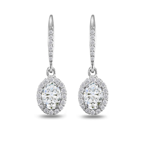 Sterling Silver Cubic Zirconia Oval Dangle Halo Leverback Earrings with White Topaz Accents