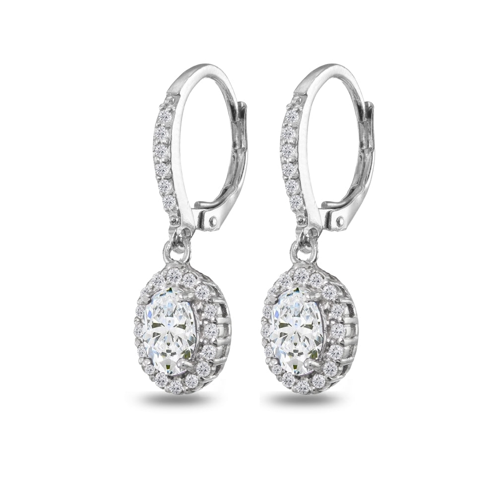Sterling Silver Cubic Zirconia Oval Dangle Halo Leverback Earrings with White Topaz Accents-4