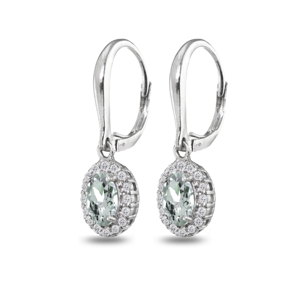 Sterling Silver Aquamarine & White Topaz Dainty Oval Dangle Halo Leverback Earrings-3